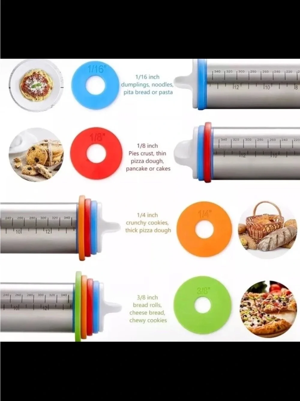 Adjustable Stainless Steel Rolling Pin with Color Gauge Rings - Multicolor